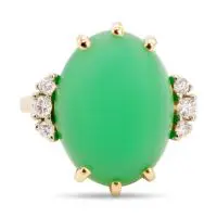 14K Yellow Gold Diamond and Oval Chrysoprase Ring (16x12.5mm) set with 2 round full cut diamonds(.08ctw) and 4 round full cut diamonds (.08Ctw)
