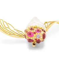 Ruby Moonstone and Yellow Sapphire Cicada Pin set with round and cabochon rubies (approximately 4ctw) and round diamonds (approximately 0.75ctw)