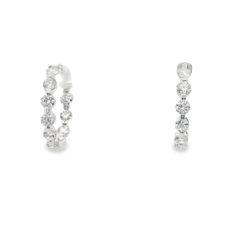 18K Yellow Gold Pair of Round White Gold Hoop Earrings Set with 20 Round Diamonds on Posts
