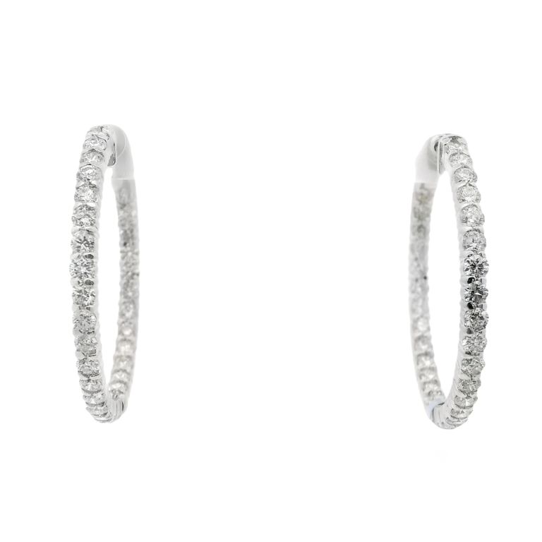 18K Yellow Gold Pair of Round White Gold Hoop Earrings Set with 60 Round Diamonds on Posts