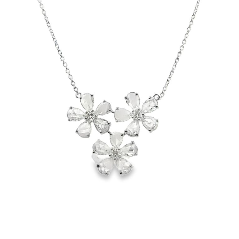 18K White Gold Diamond Necklace with Built-In Pendant of Flowers Set with Pear-Shaped and Round Diamonds
