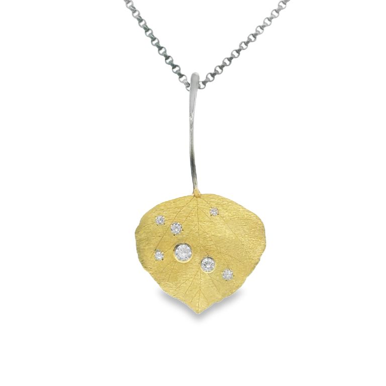 8K Yellow Gold and Oxidized Sterling Silver Diamond Leaf Pendant on Oxidized Sterling Silver Chain with One 2.7mm