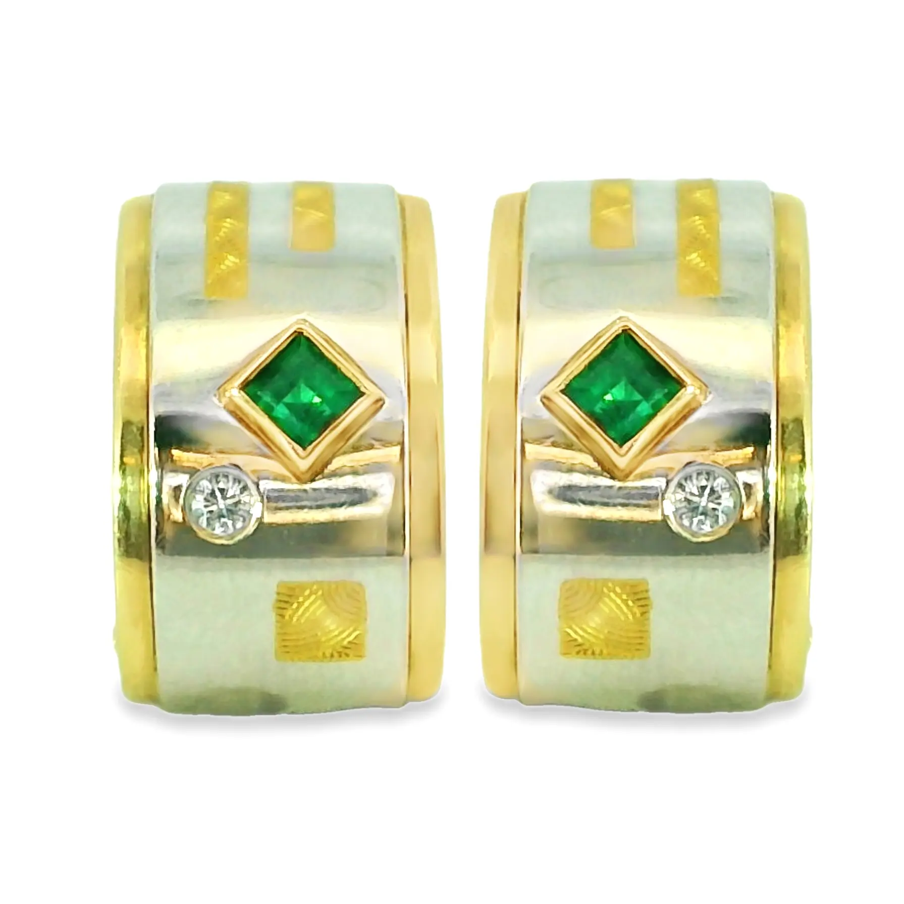 18K / 24K Yellow Gold / Platinum Emerald And Diamond Hoop Earrings 