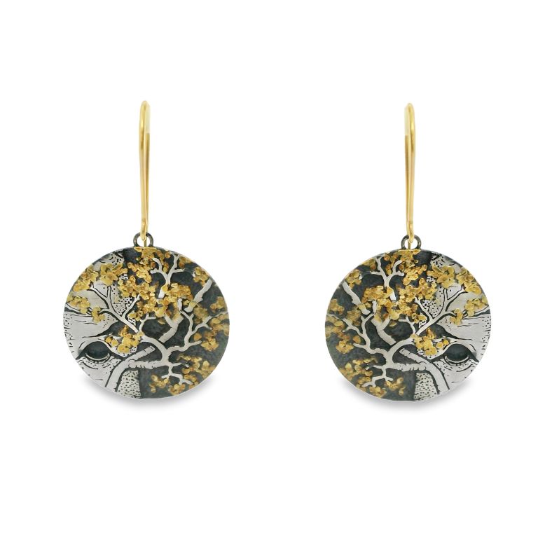 22–23.5K Yellow Gold and Argentium Silver Tree Motif Earrings