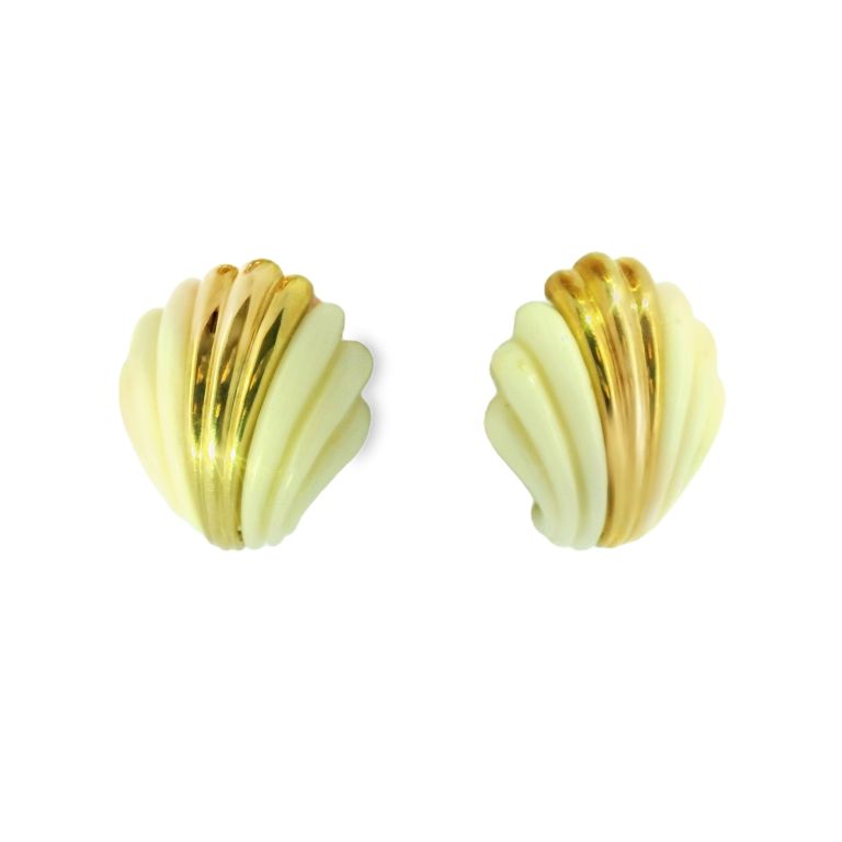 18K Yellow Gold and White Coral Shell-Shaped Earrings on Clip Backs