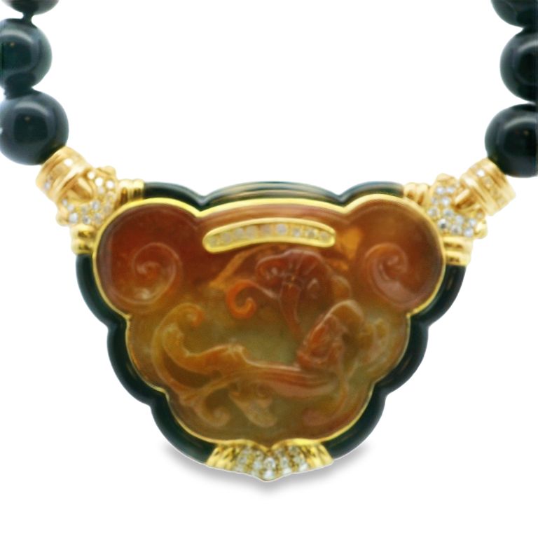 18K Yellow Gold Carved Brown Jade Diamond Pendant with Round Diamonds and Black Onyx Bead Necklace