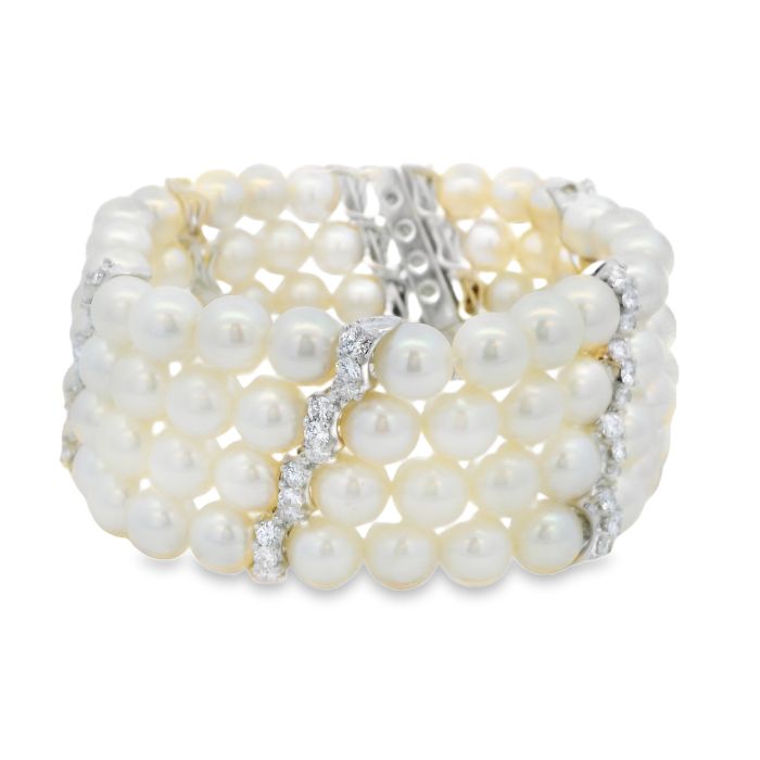 18K White Gold Cultured Pearl and Diamond Bracelet with 88 Akoya Cultured Pearls and 96 Round GH/VS–SI1 Diamonds (4.80 ctw)