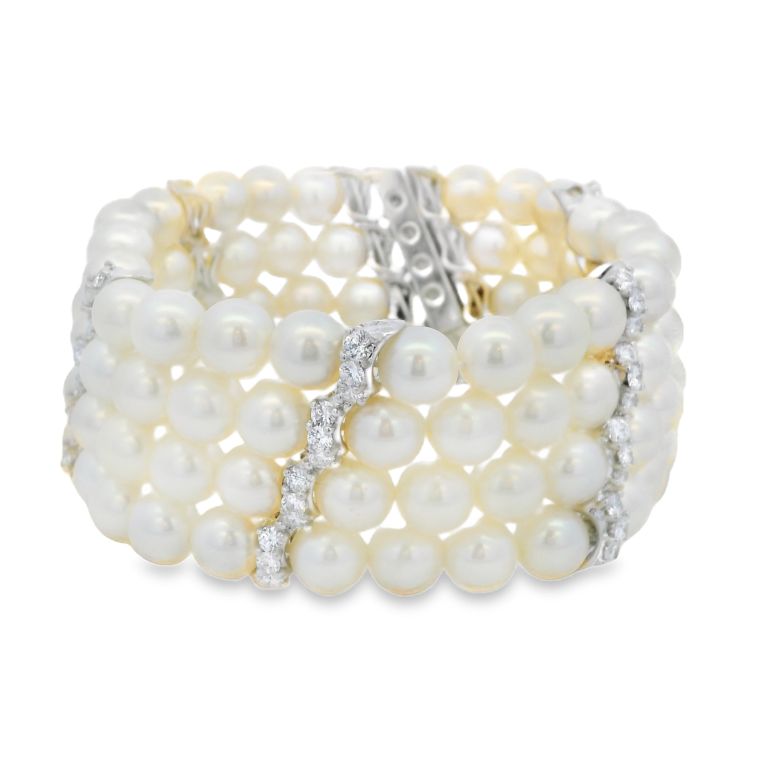 18K White Gold Cultured Pearl and Diamond Bracelet with 88 Akoya Cultured Pearls and 96 Round GH/VS–SI1 Diamonds (4.80 ctw)
