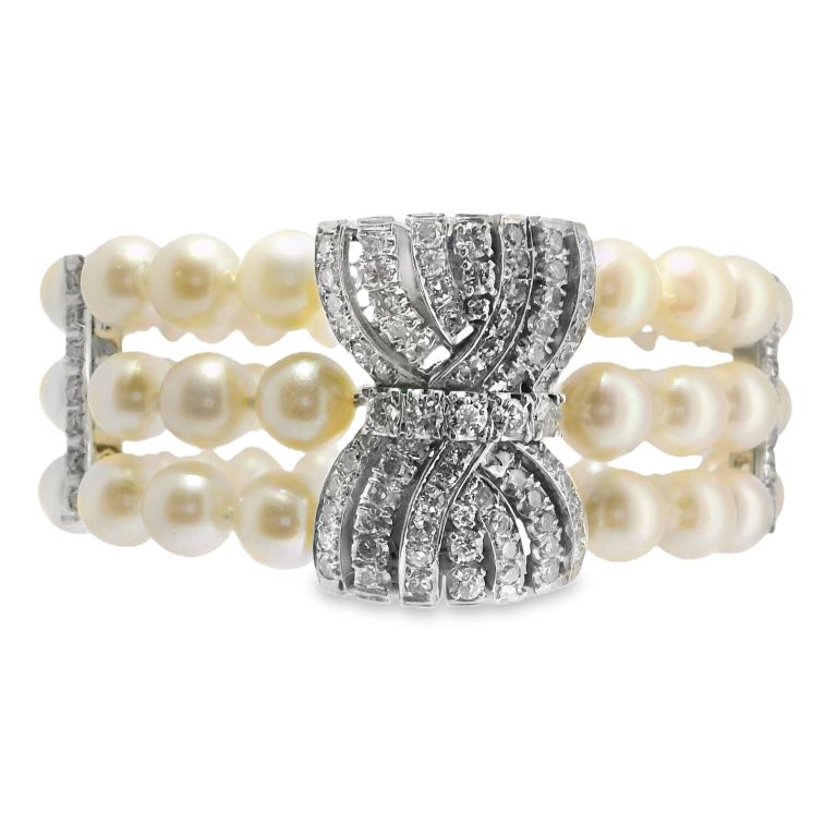 14K White Gold Cultured Pearl and Diamond Bracelet with 57 Akoya Cultured Pearls