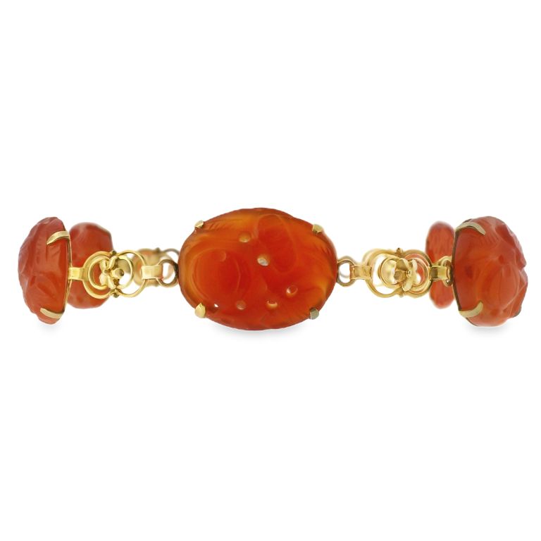 14K Yellow Gold Carnelian Bracelet with 5 Carved Oval Carnelians
