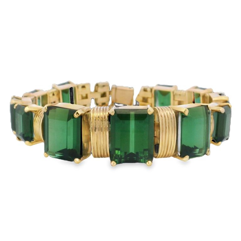14K Yellow Gold Tourmaline Bracelet with 11 Emerald Cut Tourmalines (Approx. 65 ctw)