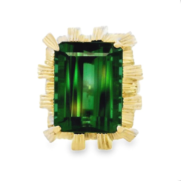 14K Yellow Gold Green Tourmaline Ring Set with One Emerald Cut Green Tourmaline (Approx. 15.00 ctw)