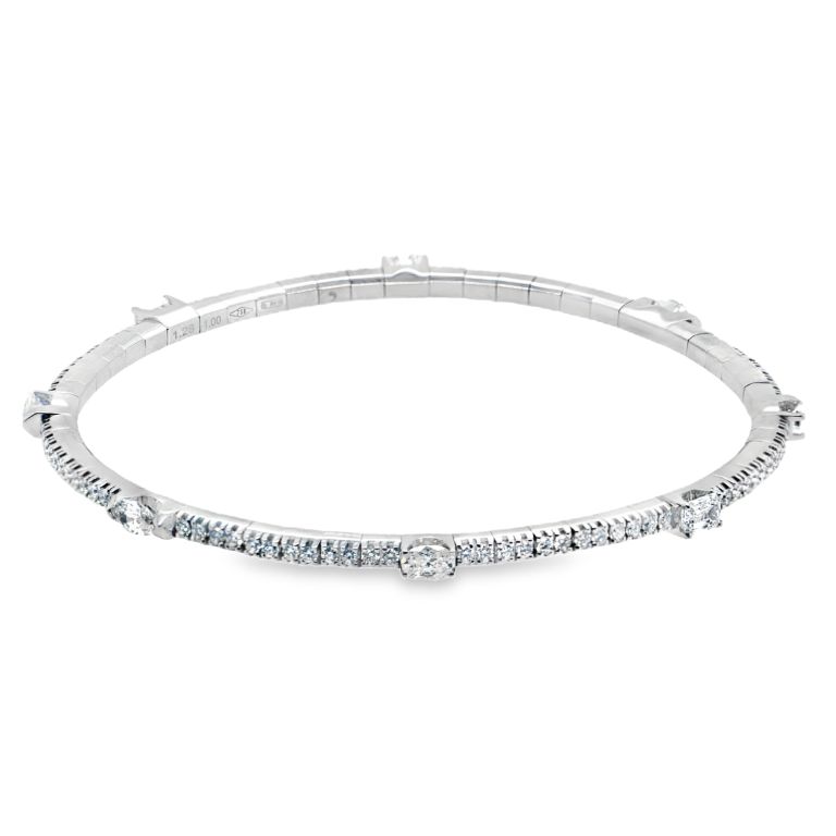 18K White Gold Diamond Stretch Bracelet Set With 2 Emerald Cut Diamonds