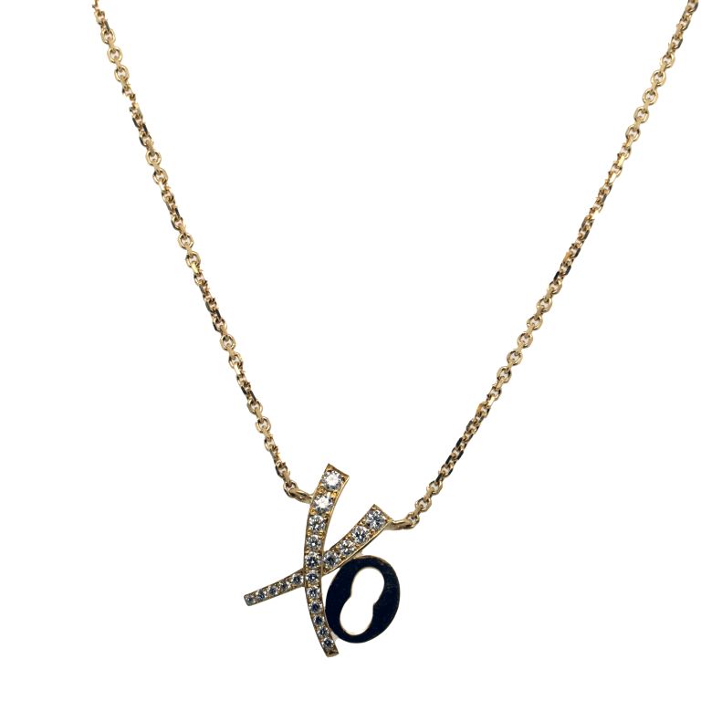 18K Yellow Gold "Xo" Large Pendant Necklace Set With 20 Diamonds (.18ct) On 18K Gold 18" Cable Chain "Heights With A Kiss - Xoxo Collection"