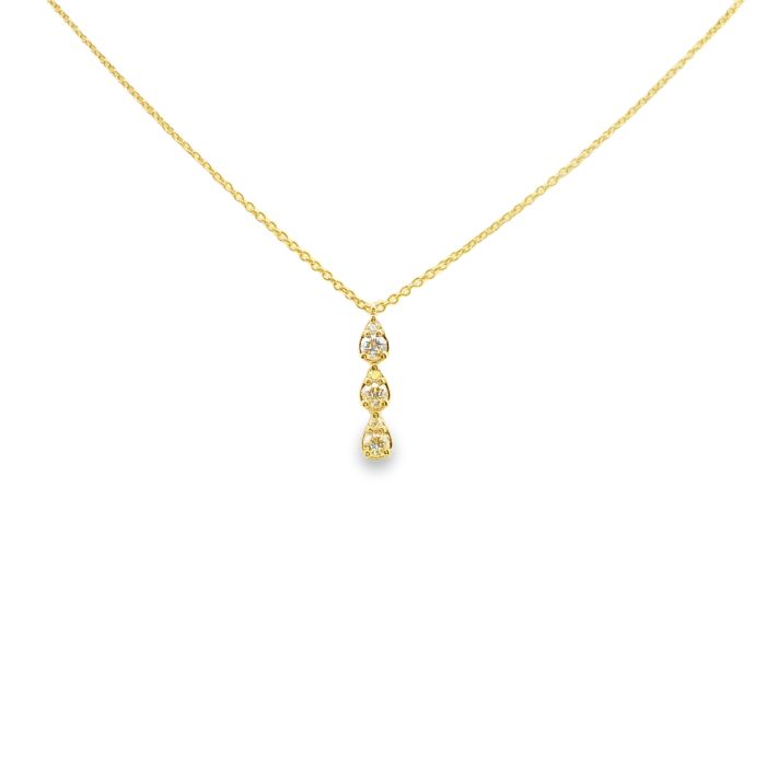 14K Yellow Gold Triple Teardrop Pendant Necklace Set With 3 Micro And 3 Small Round Diamonds