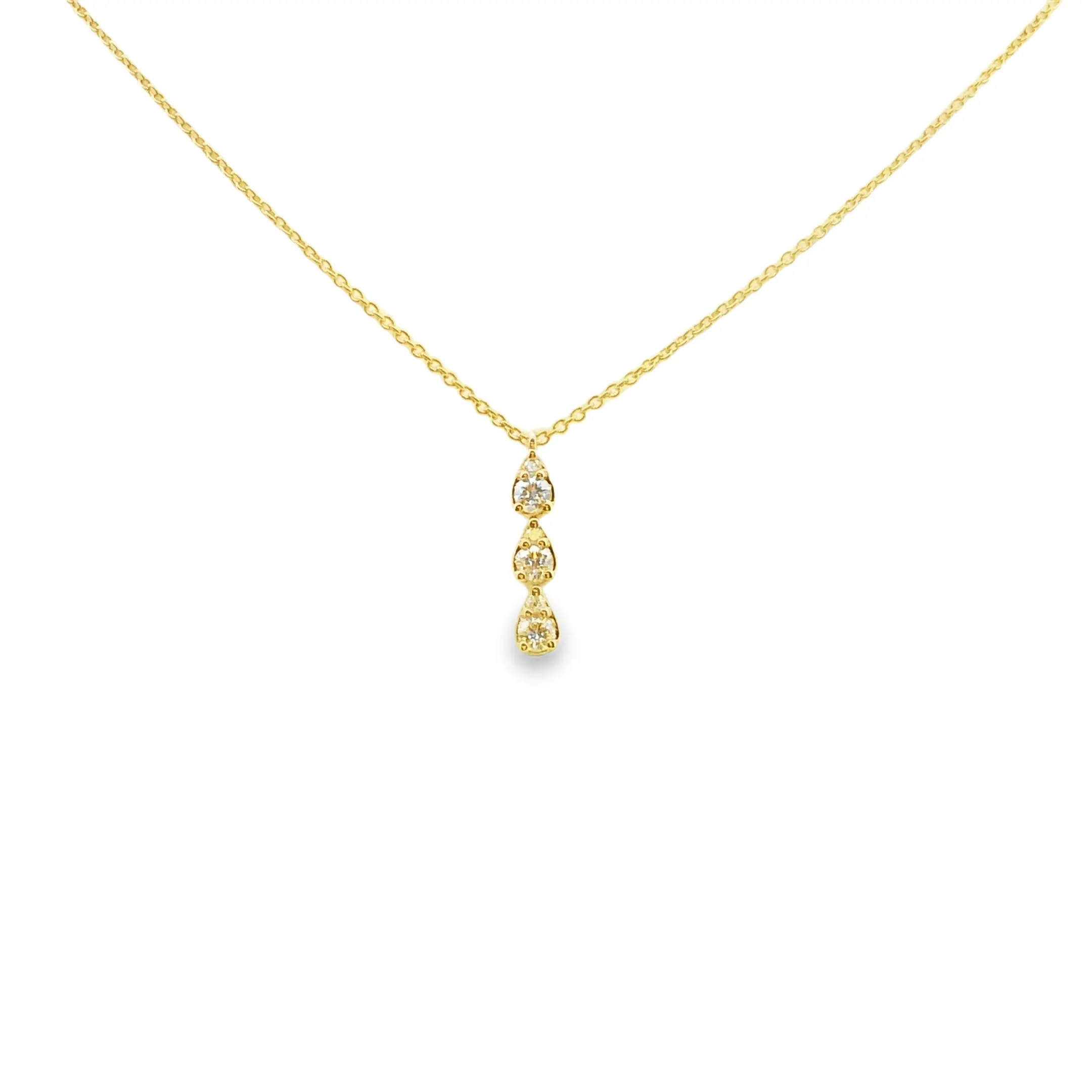 14K Yellow Gold Triple Teardrop Pendant Necklace Set With 3 Micro And 3 Small Round Diamonds