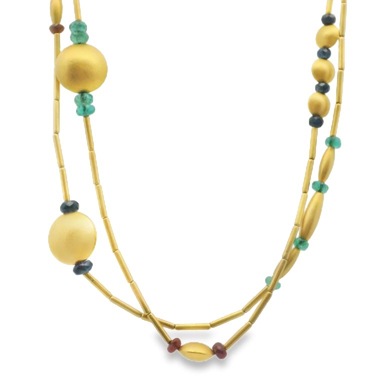 24K Yellow Gold Bead Necklace With 3.27 ct Emerald Beads