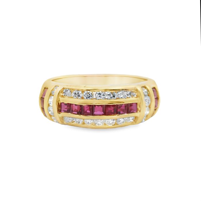 14K Yellow Gold Ring With 0.52 ctw Square Rubies And 0.44 ctw Full-Cut Diamonds