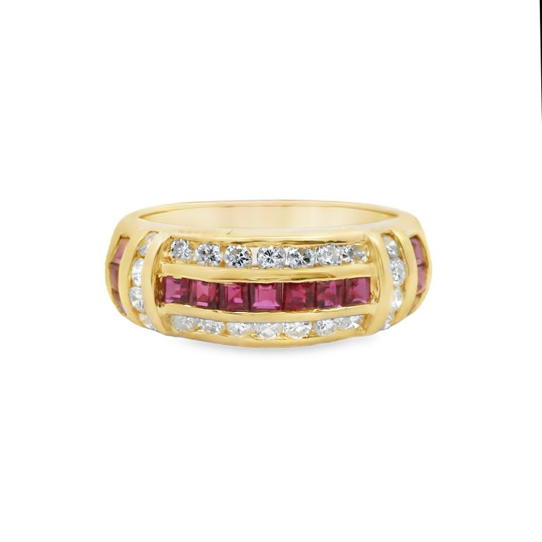 14K Yellow Gold Ring With 0.52 ctw Square Rubies And 0.44 ctw Full-Cut Diamonds