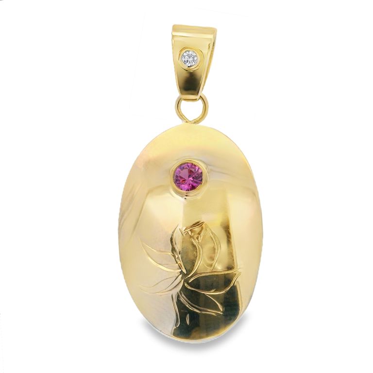 14K Yellow Gold Pendant With 0.04 ct Round Diamond And 0.18 ct Round Pink Sapphire