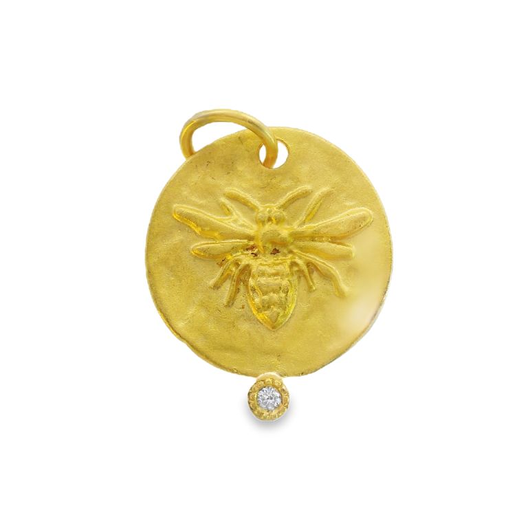 24K Yellow Gold Queen Bee Diamond Pendant with One Round Diamond (0.02ct) and Queen Bee Pattern by PREHISTORIC WORKS