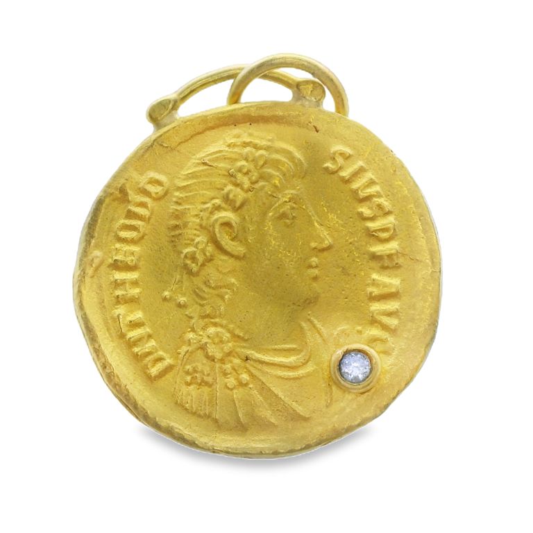 24K Yellow Gold Theodosius Diamond Pendant with One Round Diamond (0.02ct) and Emperor Theodosius Design by PREHISTORIC WORKS