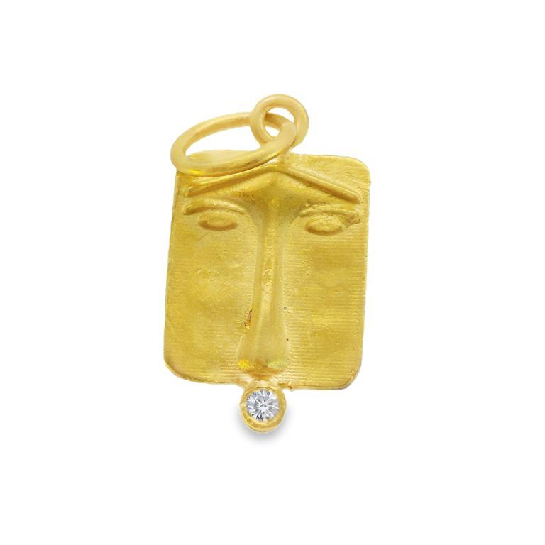 24K Yellow Gold Lion Face Diamond Pendant with One Round Diamond (0.02ct) and Ancient Lion Face Design by PREHISTORIC WORKS