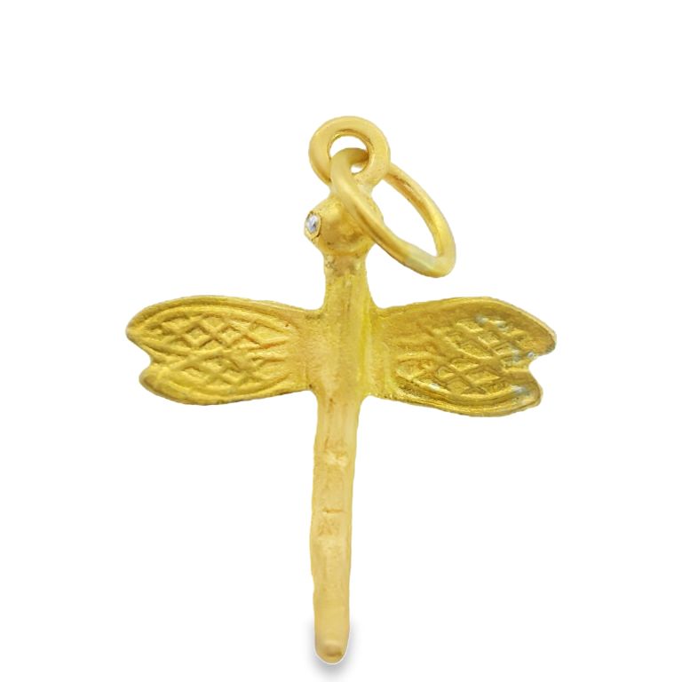24K Yellow Gold Dragonfly Diamond Pendant with Two Round Diamonds (0.01ctw) by PREHISTORIC WORKS