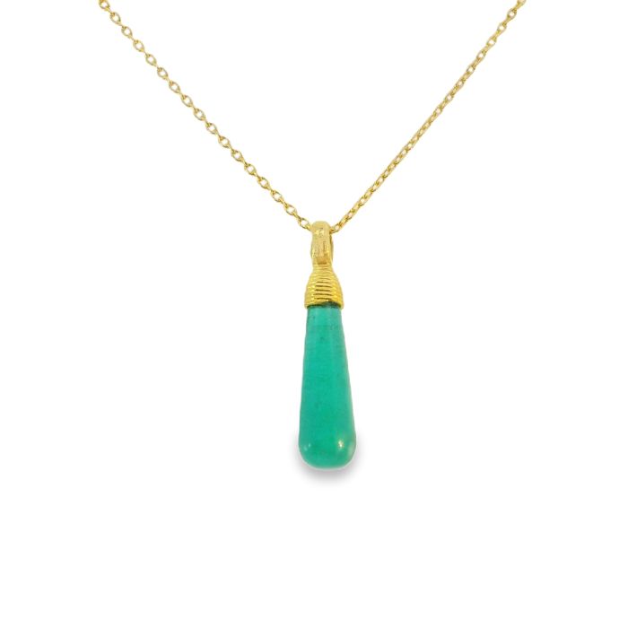 24-KARAT YELLOW GOLD PENDANT NECKLACE SET WITH ONE DROP CABOCHON EMERALD BRIOLETTE 10 MM X 5 MM (1.75 CT) AND ONE BRILLIANT WHITE DIAMOND (0.018 CT) 16-18" LENGTH