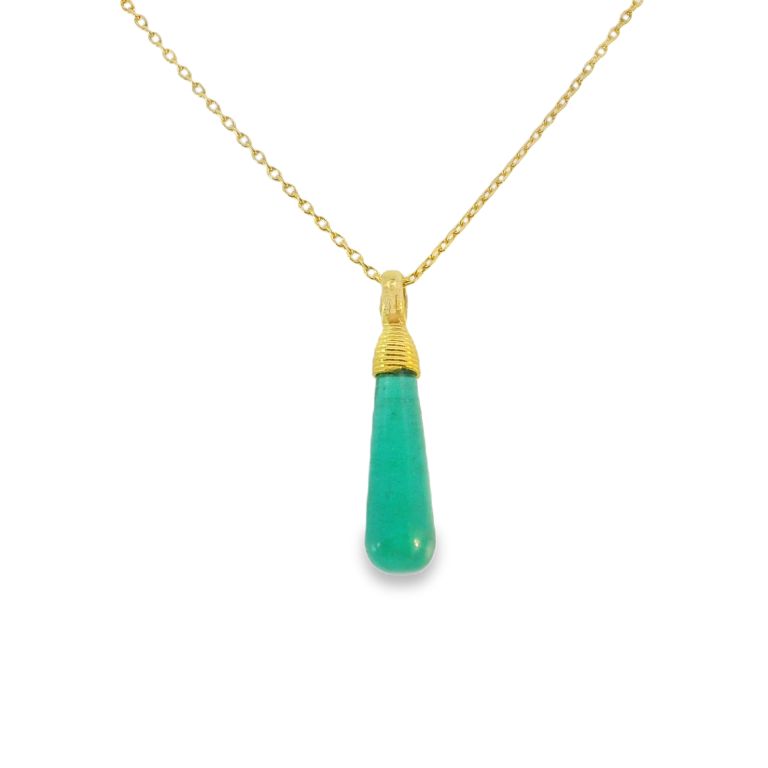 24-KARAT YELLOW GOLD PENDANT NECKLACE SET WITH ONE DROP CABOCHON EMERALD BRIOLETTE 10 MM X 5 MM (1.75 CT) AND ONE BRILLIANT WHITE DIAMOND (0.018 CT) 16-18" LENGTH