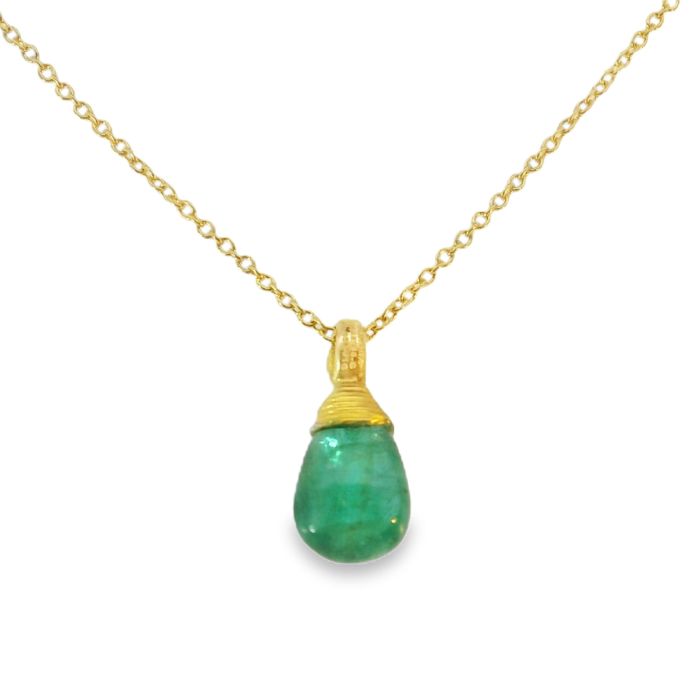24-KARAT YELLOW GOLD PENDANT NECKLACE SET WITH ONE DROP CABOCHON EMERALD BRIOLETTE 18 MM X 6 MM (2.40 CT) AND ONE BRILLIANT WHITE DIAMOND (0.018 CT) 16"-18"