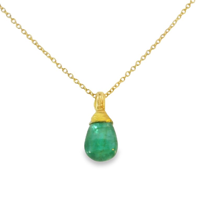 24-KARAT YELLOW GOLD PENDANT NECKLACE SET WITH ONE DROP CABOCHON EMERALD BRIOLETTE 18 MM X 6 MM (2.40 CT) AND ONE BRILLIANT WHITE DIAMOND (0.018 CT) 16"-18"