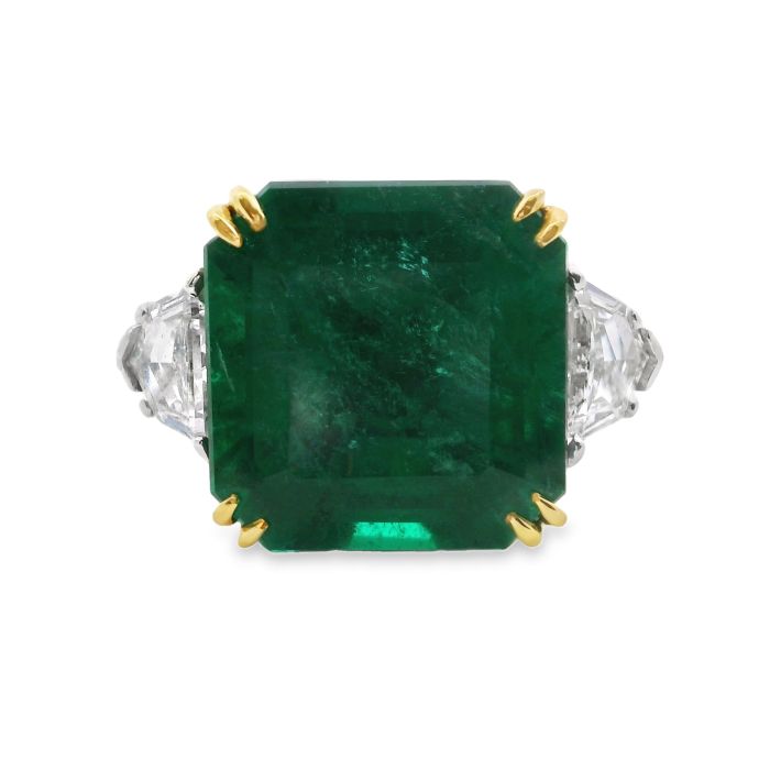 18K Yellow Gold and Platinum Emerald and Diamond Ring with One Emerald-Cut Emerald (9.06ct) and Cadillac Step Cut Diamonds (0.81ctw)