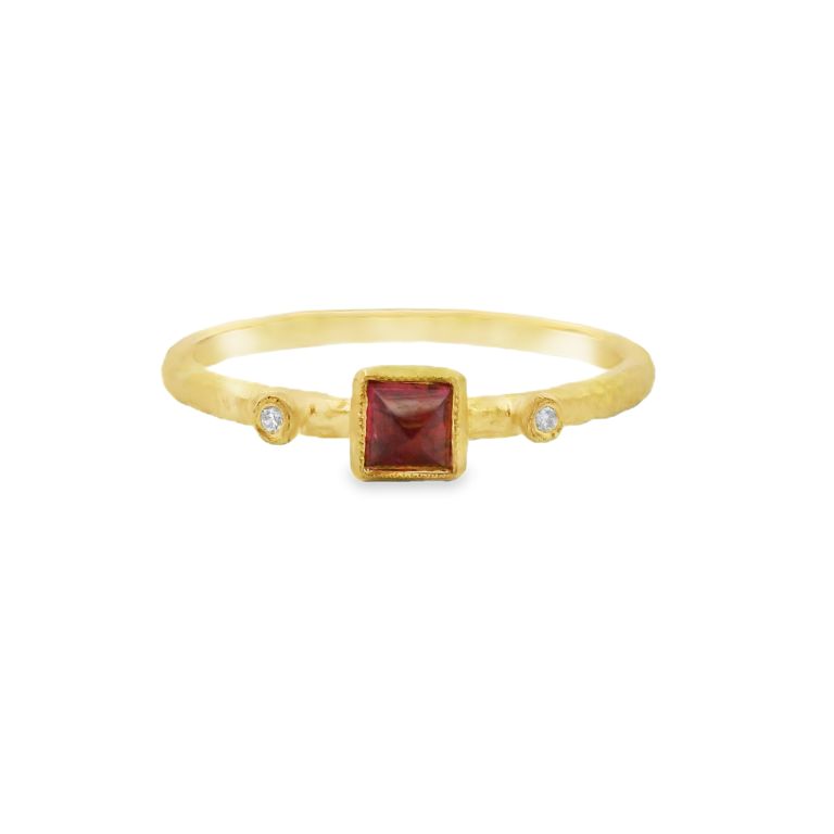 24K Yellow Gold Ruby and Diamond Ring with One Square Ruby (0.25ct) and Two Round Diamonds (0.02ctw) by PREHISTORIC WORKS