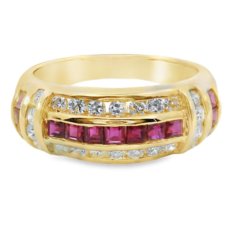 14K Yellow Gold Ruby/Diamond Ring Set with 13 Square Rubies (0.52ctw) and 22 Full Cut Diamonds