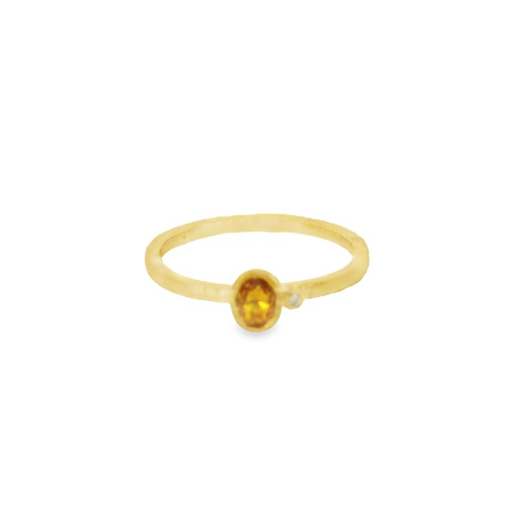 24K Yellow Gold Oval Yellow Sapphire and Diamond Ring with One Oval Yellow Sapphire (0.30ct) and One Round Diamond (0.01ct) by PREHISTORIC WORKS