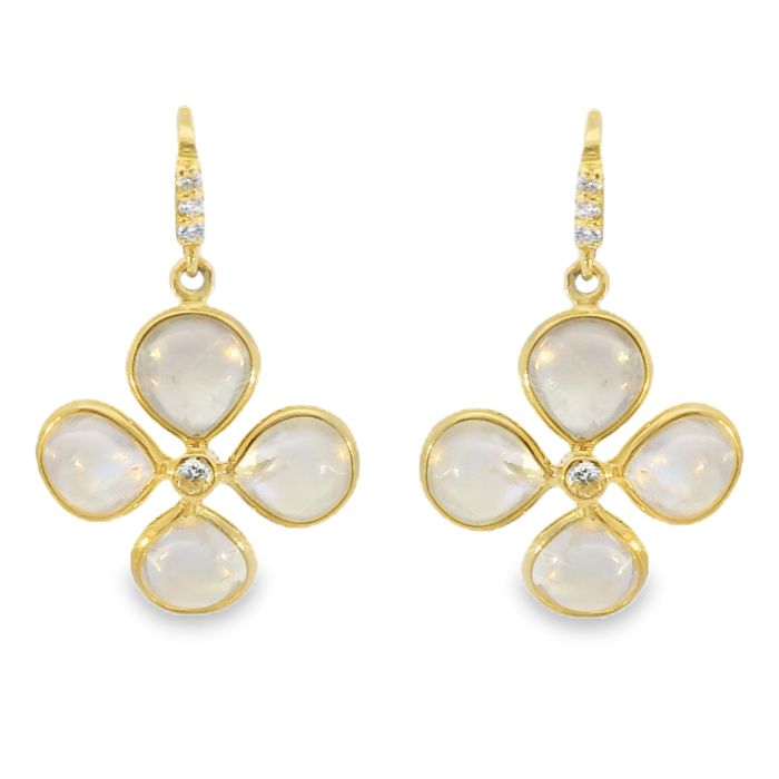 18-KARAT YELLOW GOLD EARRINGS BEZEL SET WITH 8 RAINBOW MOONSTONES (5.84 CTW) AND BEZEL/PRONG SET WITH 8 ROUND BRILLIANT WHITE DIAMONDS (0.07 CTW) ON HOOKS
