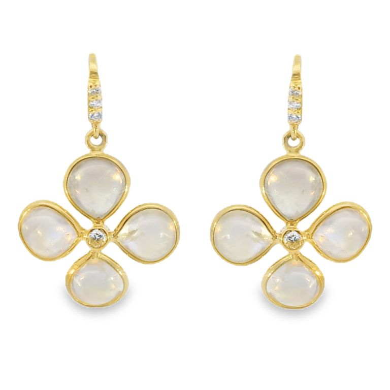 18-KARAT YELLOW GOLD EARRINGS BEZEL SET WITH 8 RAINBOW MOONSTONES (5.84 CTW) AND BEZEL/PRONG SET WITH 8 ROUND BRILLIANT WHITE DIAMONDS (0.07 CTW) ON HOOKS