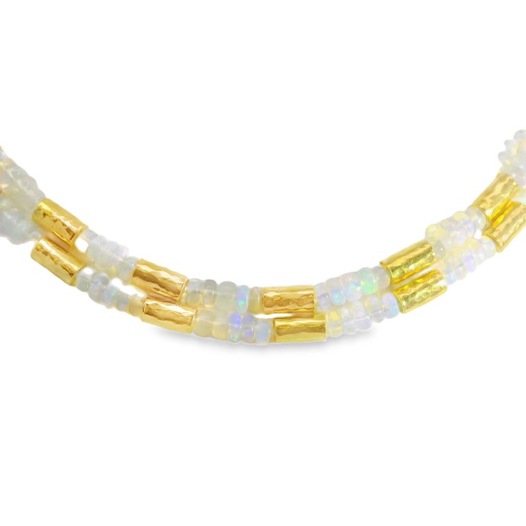 24K Yellow Gold Gale Tube and Ethiopian Opal Bead Necklace (41.40ctw) with 1 Brilliant Cut White Diamond (0.032ct) 36.5"
