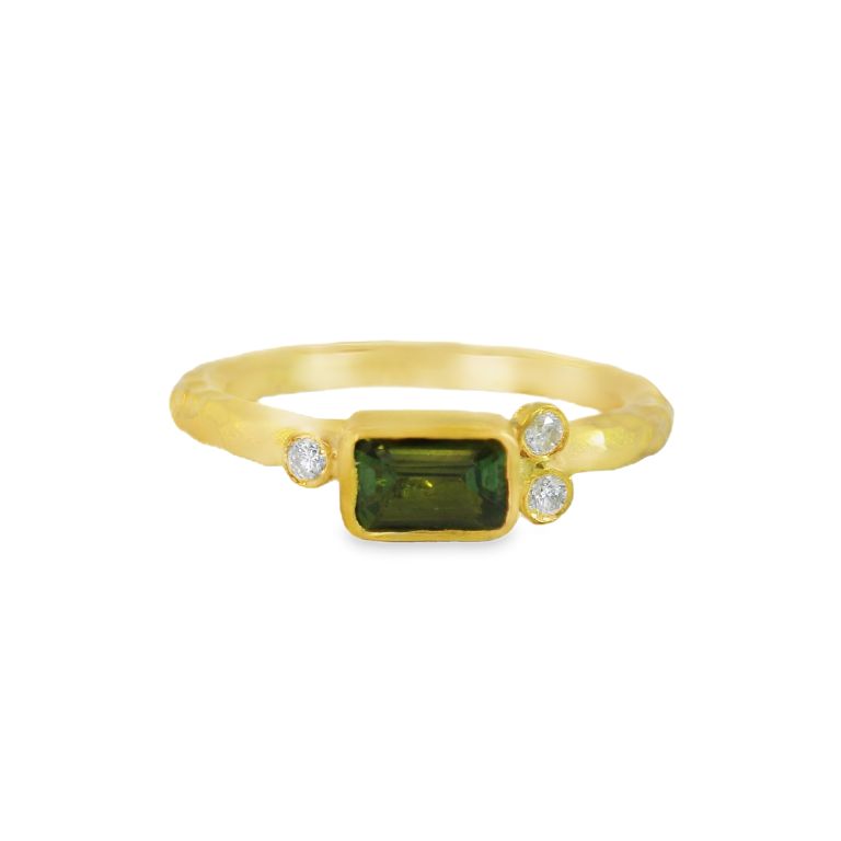 24K Yellow Gold Green Tourmaline and Diamond Ring with One Emerald Cut Green Tourmaline (0.20ct) and Three Round Diamonds (0.03ct) by PREHISTORIC WORKS