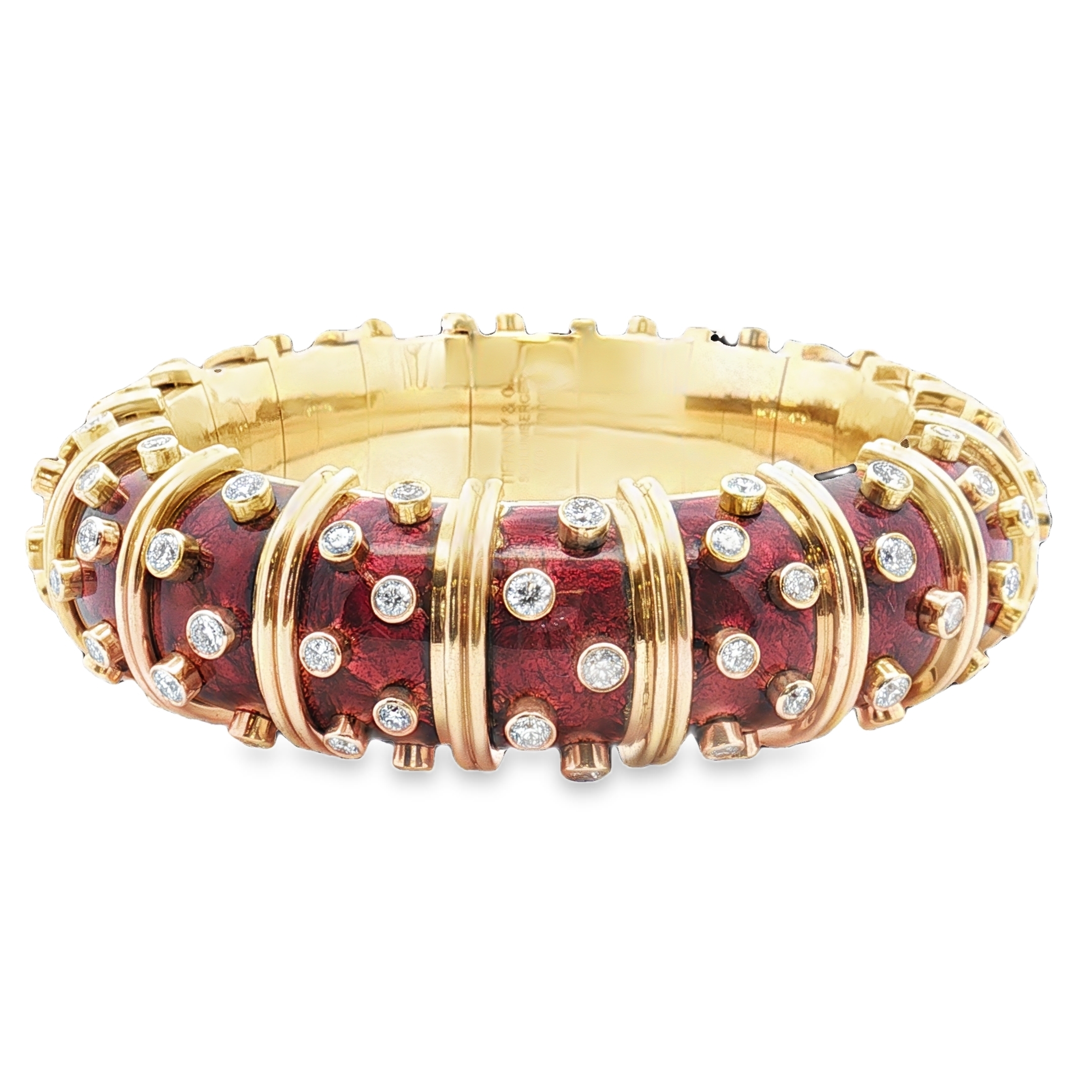 18K Yellow Gold Tiffany & Co. Schlumberger Red Enamel Bangle Bracelet Set with 108 Round Diamonds (6.00ctw) French Hallmarks