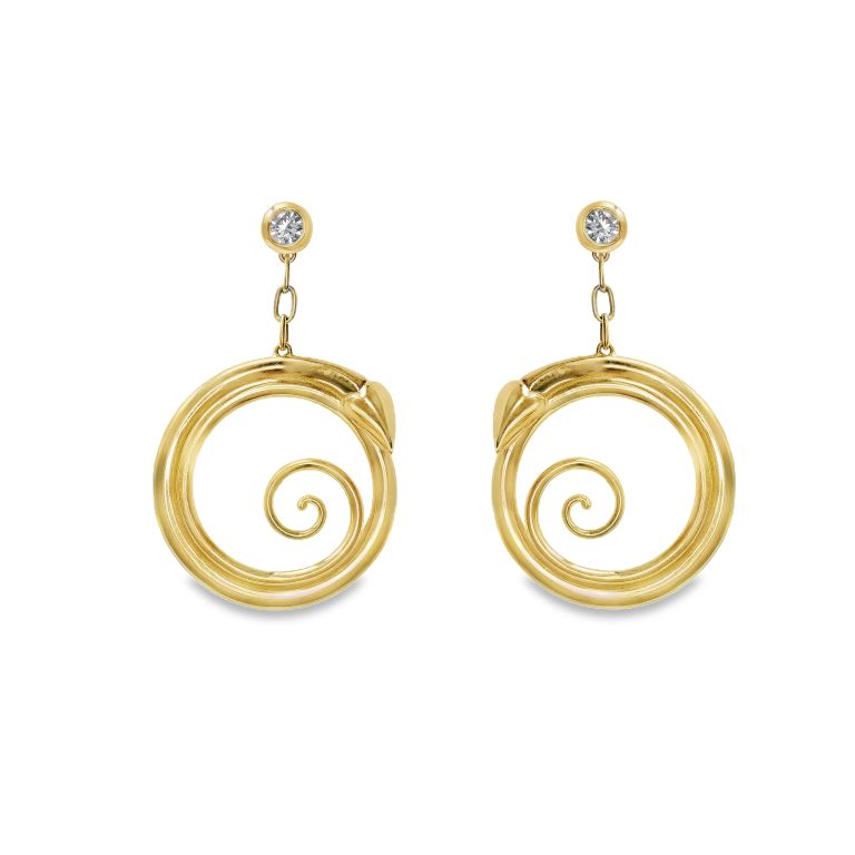 18K Yellow Gold Swirl Drop Earrings with Diamond Studs Set with Two Round Diamonds (0.19ctw) (FG/VS+) and an Oval Cable Chain