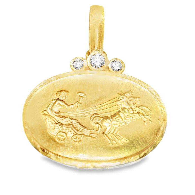 19K yellow gold diamond pendant with goddess and horse design from ELIZABETH LOCKE.