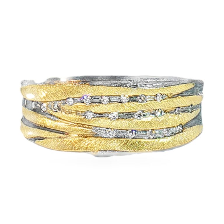 18K Yellow Gold and Sterling Silver Tapered Wedding Band set with 20 Round Diamonds (0.09ctw) (FG/VS)