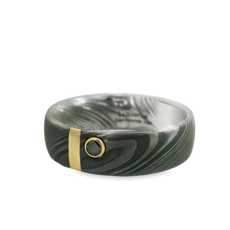 14K Yellow Gold and Damascus Ring Set with One Round Black Diamond (0.07ct) Size 11.5