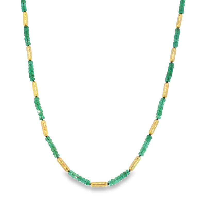 24K Yellow Gold Single Strand Featuring Faceted Emerald Beads with Gold Tubes (8.45ctw) 16" with 18K Yellow Gold Lobster Clasp
