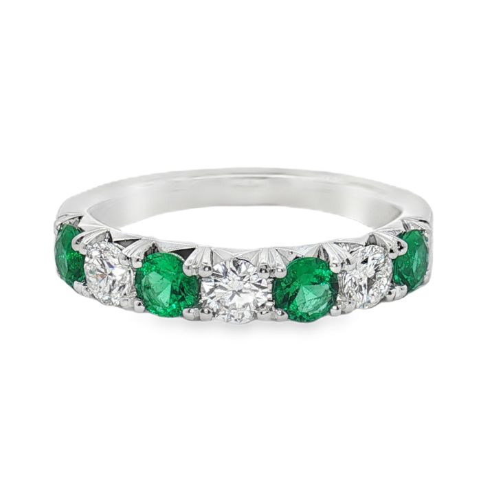 18K White Gold Emerald and Diamond Partway Band Ring set with 4 Round Emeralds (0.64ctw) and 3 Round Diamonds (0.51ctw) (GH/VS)