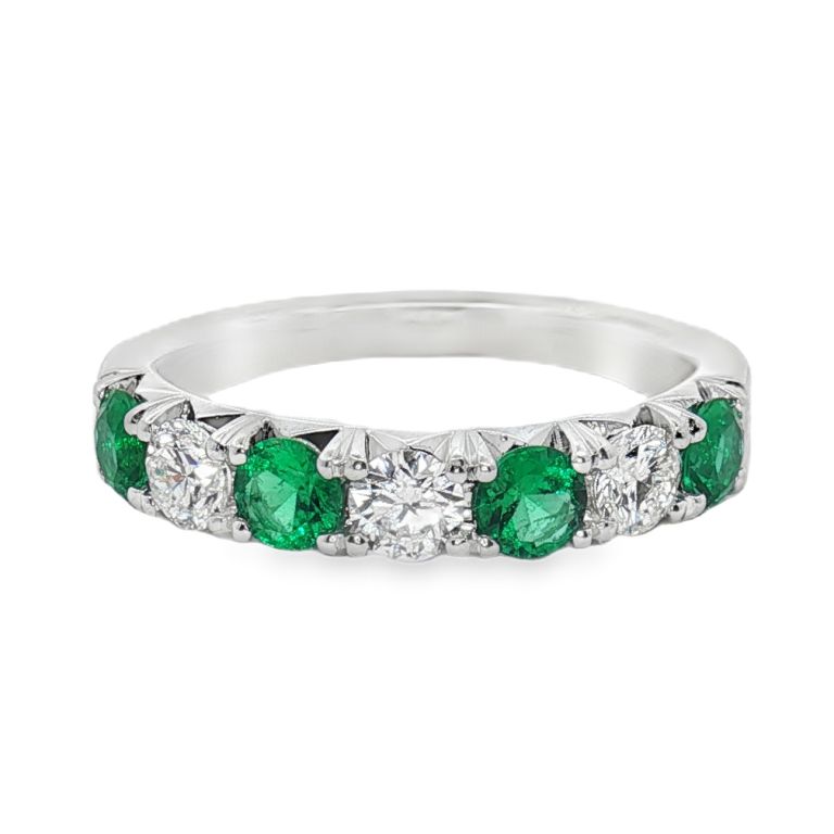 18K White Gold Emerald and Diamond Partway Band Ring set with 4 Round Emeralds (0.64ctw) and 3 Round Diamonds (0.51ctw) (GH/VS)