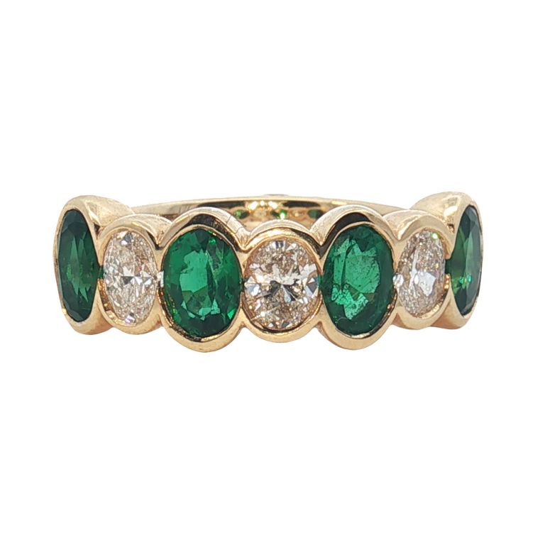 18K Yellow Gold Emerald and Diamond Band set with 4 Oval Emeralds (1.77ctw) and 3 Oval Diamonds (0.77ctw)
