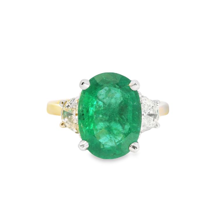 14K Yellow/White Gold Oval Emerald Ring Set with One Oval Emerald (4.03ct) & Pair Half Moon Shaped Diamonds (0.72ctw) Size 6.5
